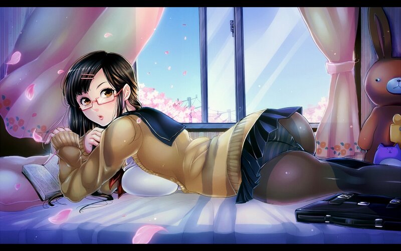 Anime girl on bed with cherry blossoms