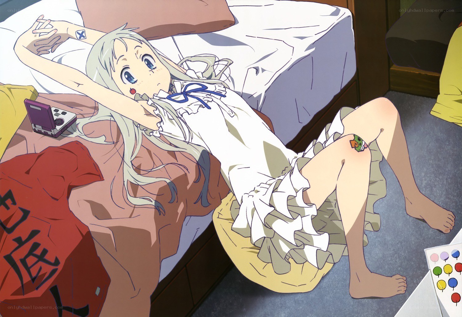 anime girl on bed with game