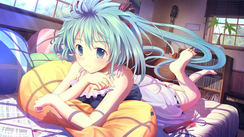 anime girl on bed with guitar