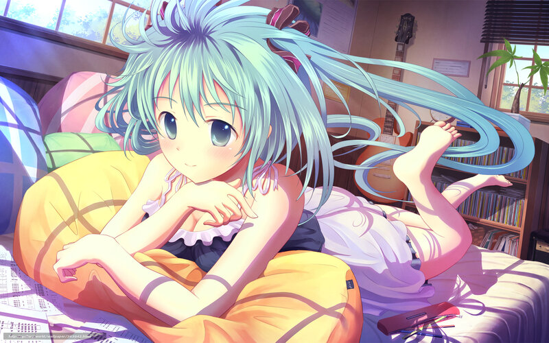 anime girl on bed with guitar