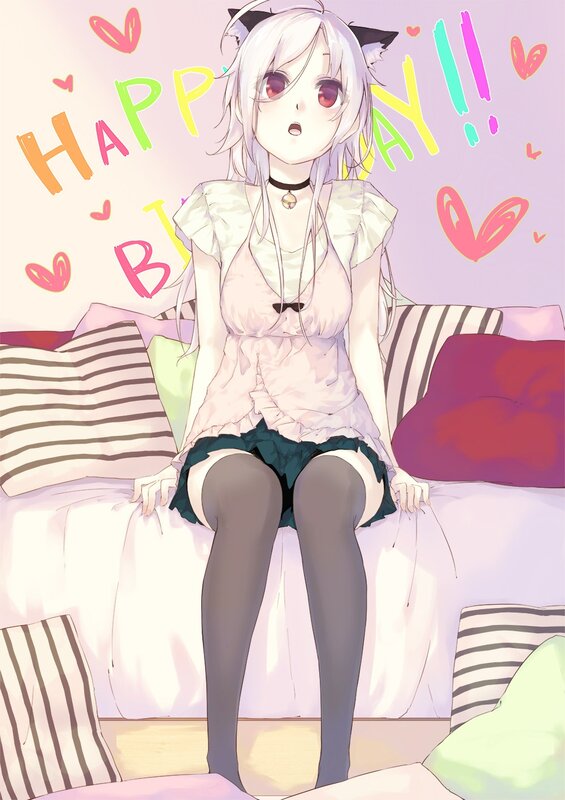 Anime girl on bed with hearts