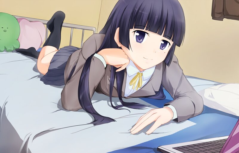anime girl on bed with laptop