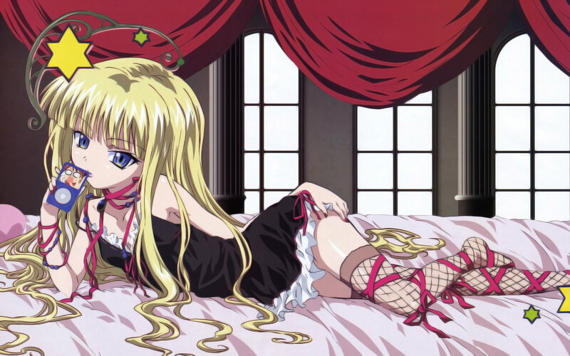 anime girl on bed with mp3 player