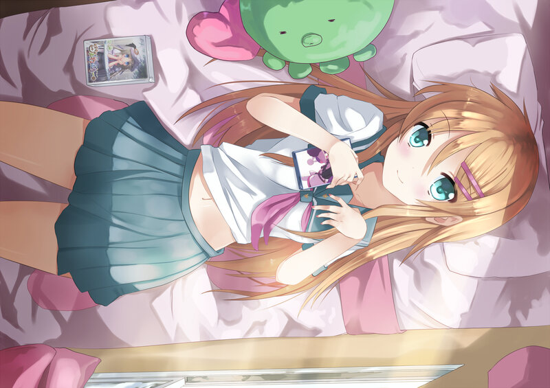 anime girl on bed with phone