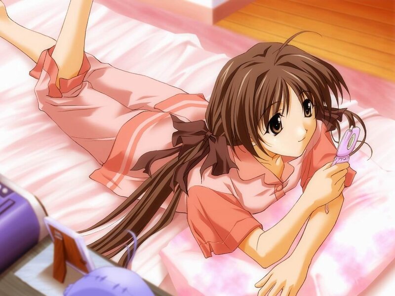 anime girl on bed with phone
