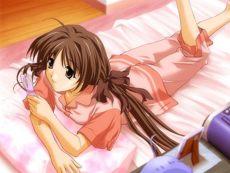 anime girl on bed with phone