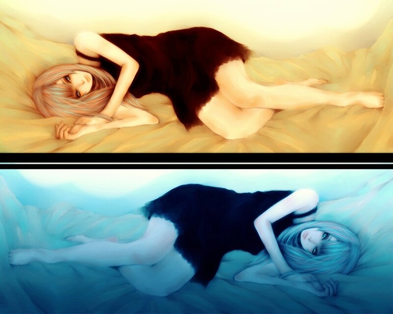 Anime Girl on Bed — Yellow, Serene
