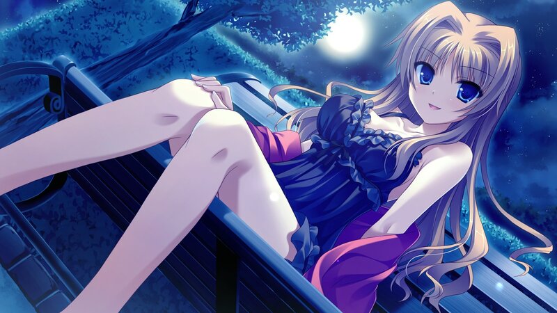 Anime girl on bench at night