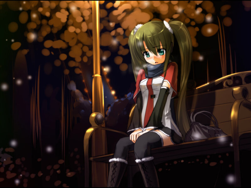 anime girl on bench at night