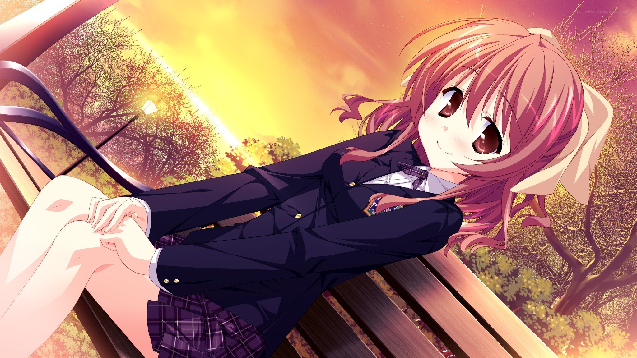 Anime girl on bench at sunset