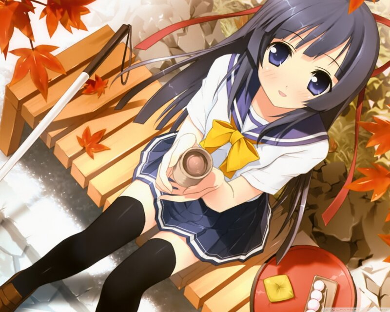 Anime Girl on Bench — Blue, Calm, Autumn