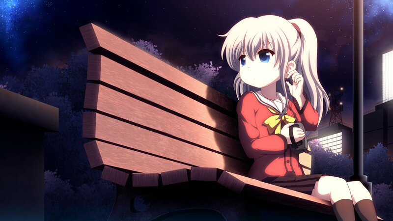 Anime Girl on Bench — Blue, Calm, Night