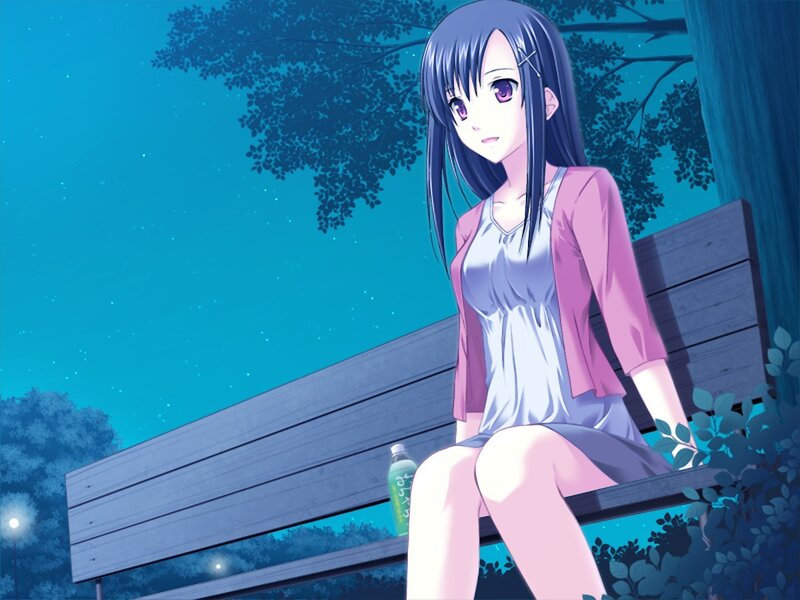 Anime Girl on Bench — Blue, Calm