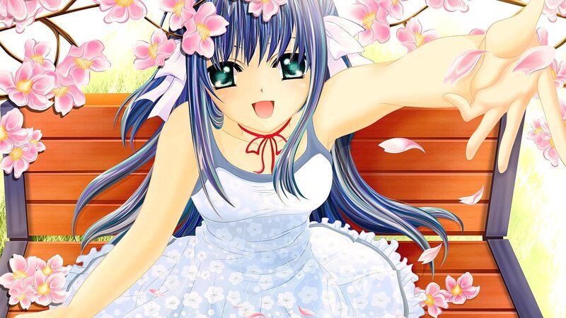 Anime Girl on Bench — Blue, Cheerful, Spring, Cherry Blossoms