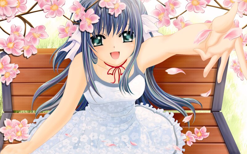 Anime Girl on Bench — Blue, Cheerful, Spring