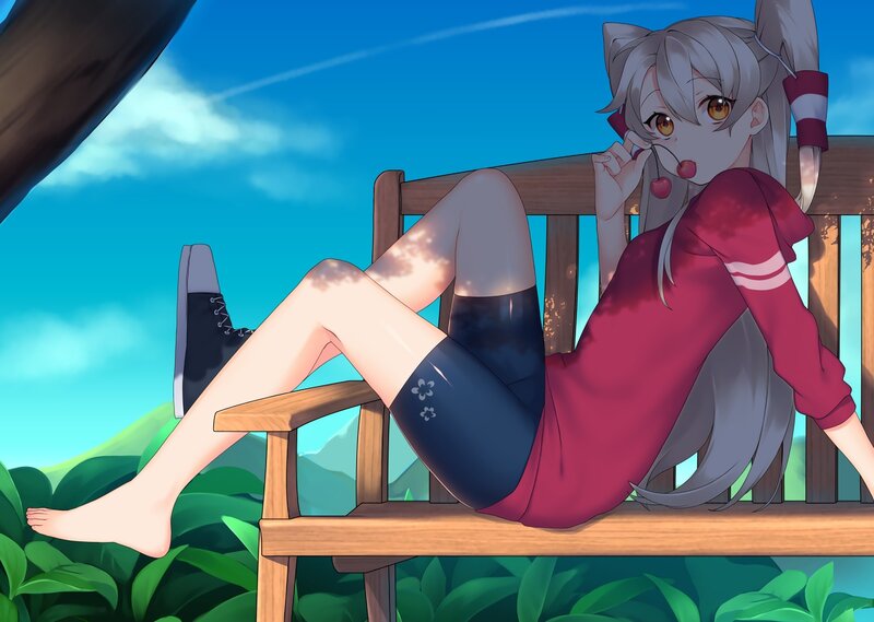 Anime Girl on Bench — Blue, Relaxed