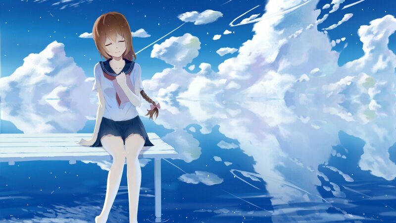 Anime Girl on Bench — Blue, Serene, Afternoon, Clouds