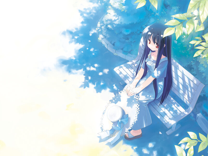 Anime Girl on Bench — Blue, Serene, Afternoon, Digital Art, Hat