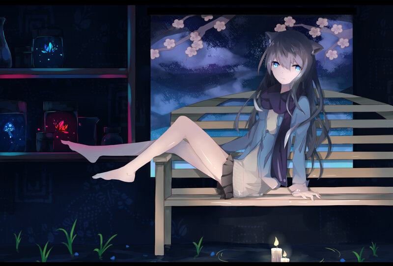 Anime Girl on Bench — Blue, Serene, Night, Digital Art, Cherry Blossoms