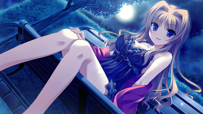 Anime Girl on Bench — Blue, Serene, Night