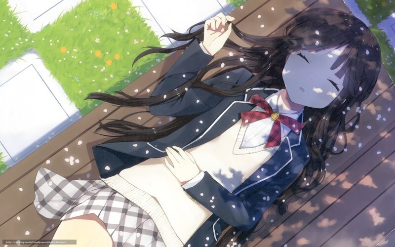 Anime Girl on Bench — Blue, Serene, Spring, School Uniform