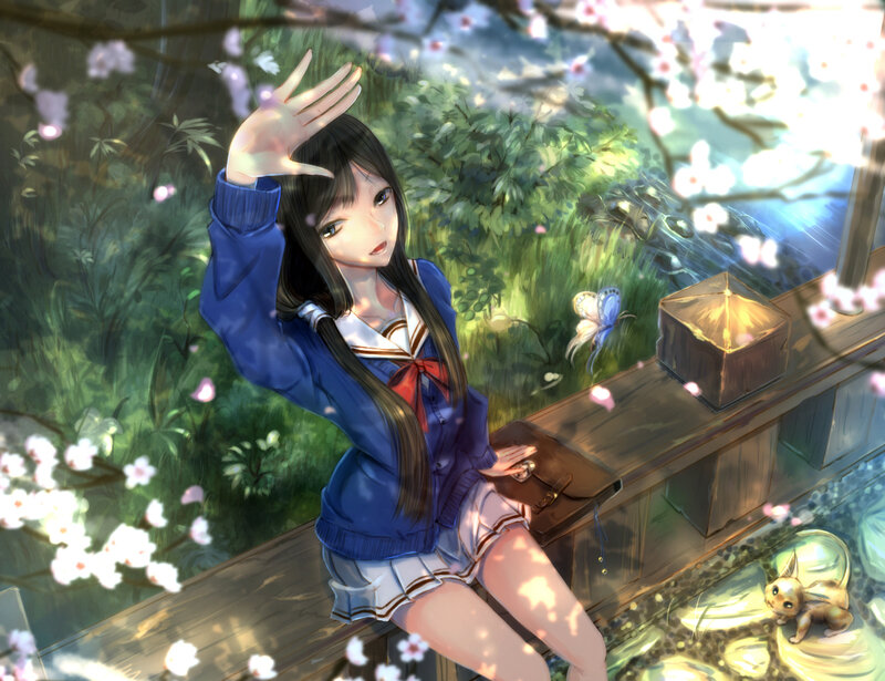 Anime Girl on Bench — Blue, Serene, Spring
