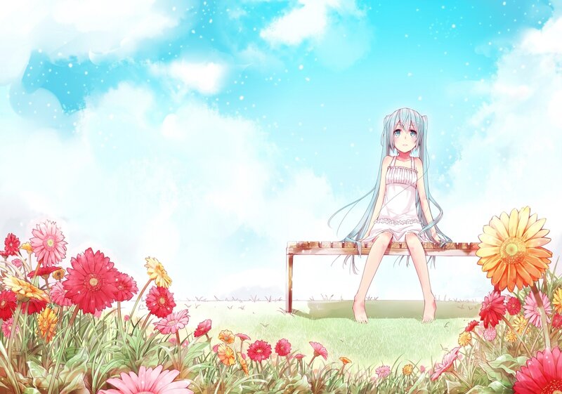 Anime Girl on Bench — Blue, Serene