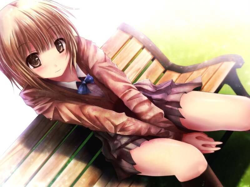 Anime Girl on Bench — Brown, Calm, Afternoon, School Uniform