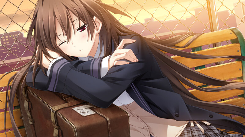 Anime Girl on Bench — Brown, Calm, Sunset