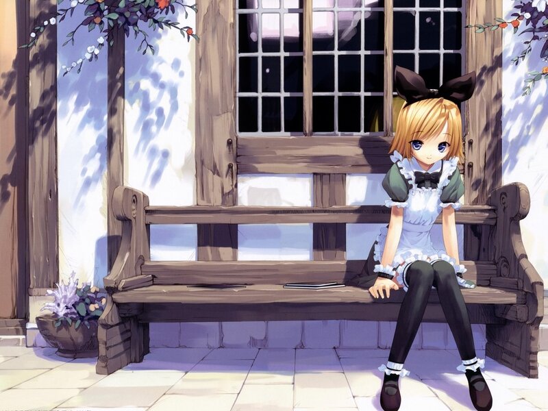 Anime Girl on Bench — Brown, Calm