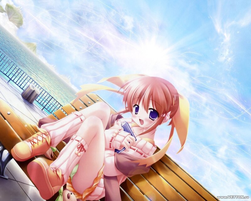 Anime girl on bench by sea