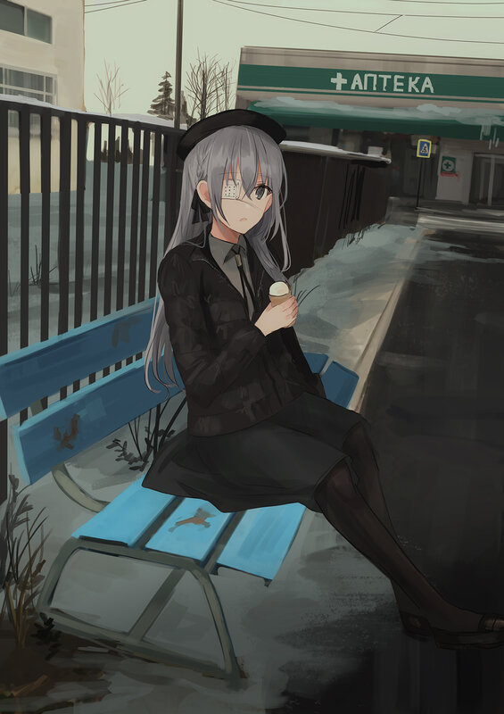 Anime Girl on Bench — Gray