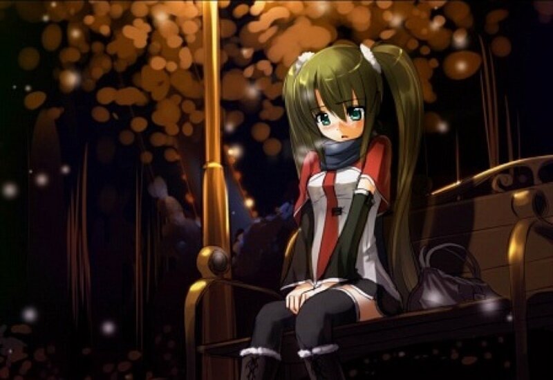 Anime Girl on Bench — Green, Melancholic