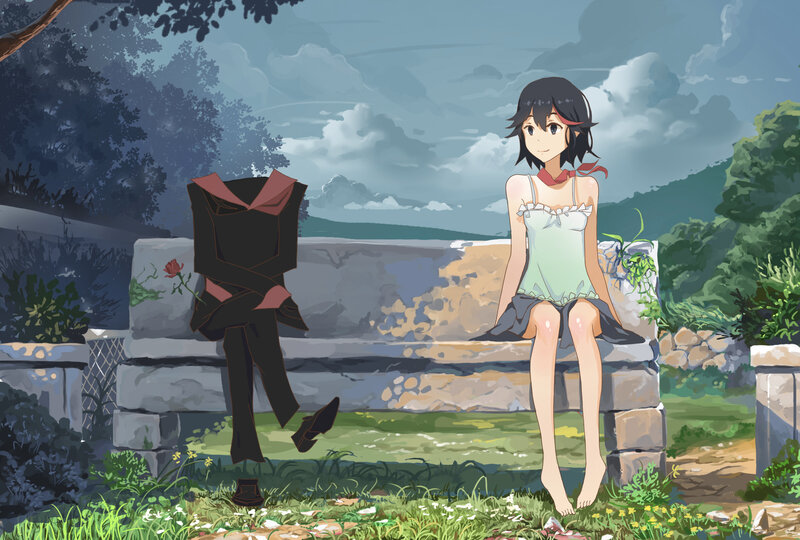 Anime Girl on Bench — Green, Serene, Afternoon, Digital Art, Rose