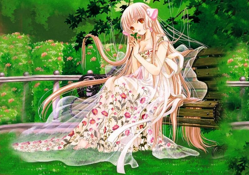 Anime Girl on Bench — Green, Serene, Afternoon, Digital Art