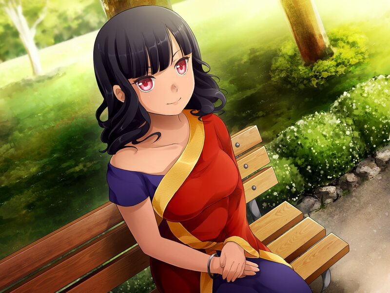 Anime Girl on Bench — Green, Serene, Afternoon, Digital Art, Tree