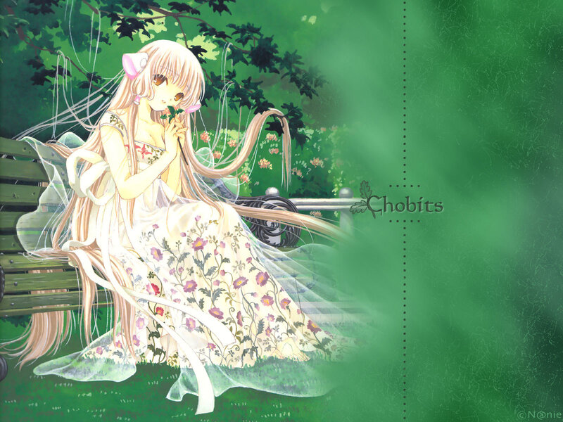 Anime Girl on Bench — Green, Serene, Afternoon, Flowers, Trees