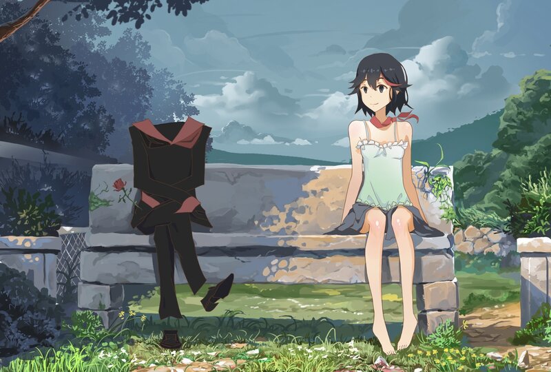 Anime Girl on Bench — Green, Serene, Afternoon, Rose