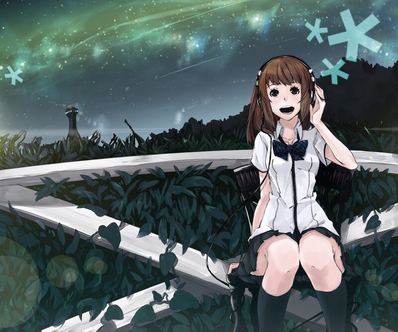 Anime Girl on Bench — Green, Serene, Night