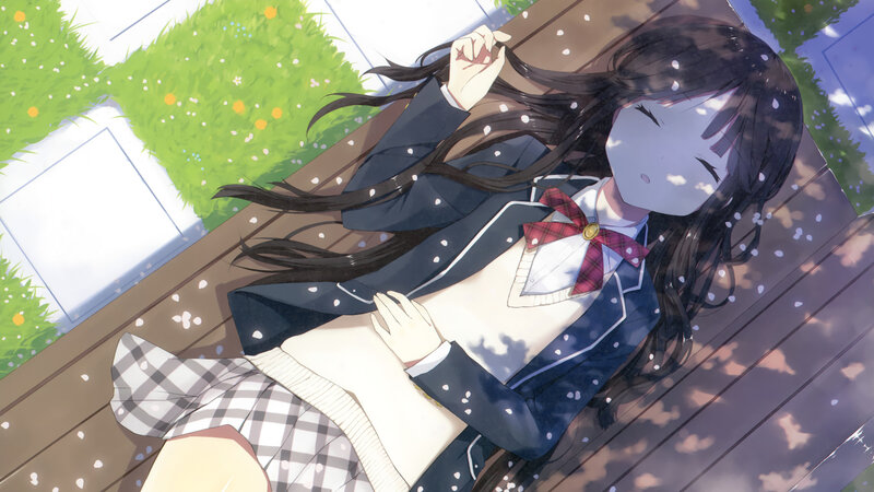 Anime Girl on Bench — Green, Serene, Spring