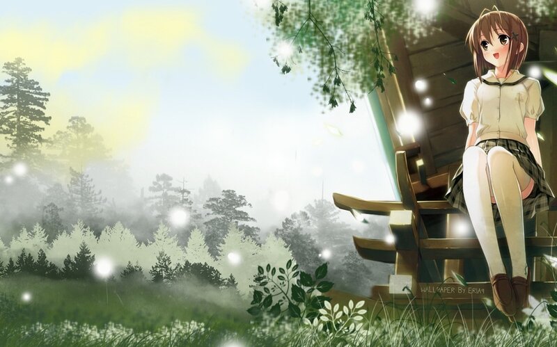Anime Girl on Bench — Green, Serene
