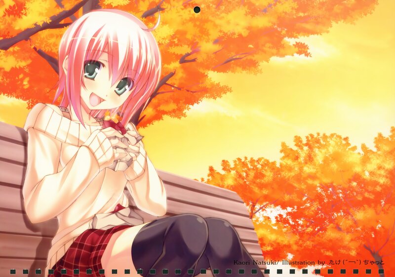 Anime girl on bench in autumn