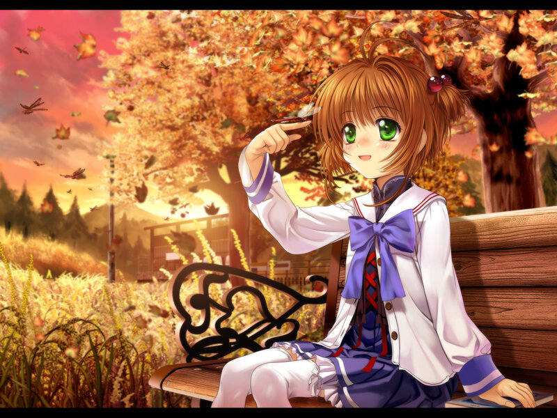anime girl on bench in autumn