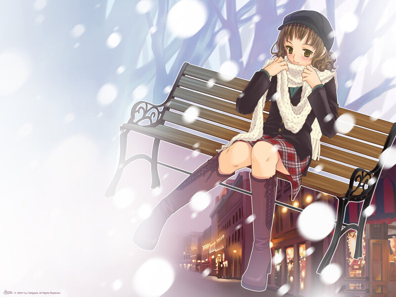 Anime girl on bench in snow