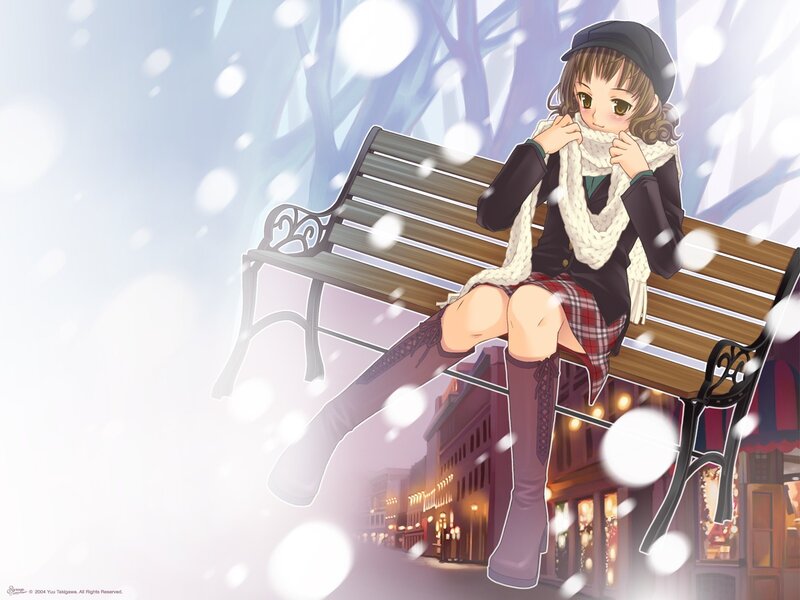 Anime girl on bench in snow