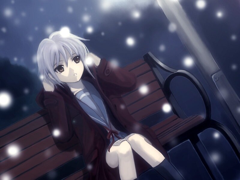 Anime girl on bench in snow