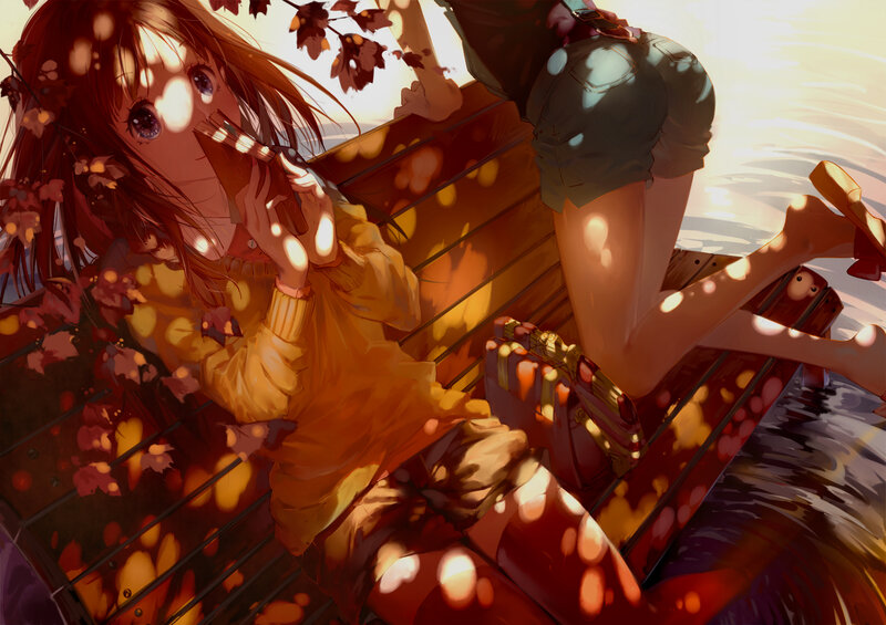 Anime Girl on Bench — Orange, Serene, Autumn, Digital Art