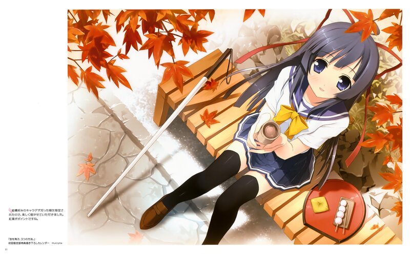 Anime Girl on Bench — Orange, Serene, Autumn, Maple Leaves, Sailor Uniform