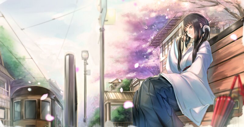 Anime Girl on Bench — Pink, Serene, Spring, Digital Art, Cherry Blossoms