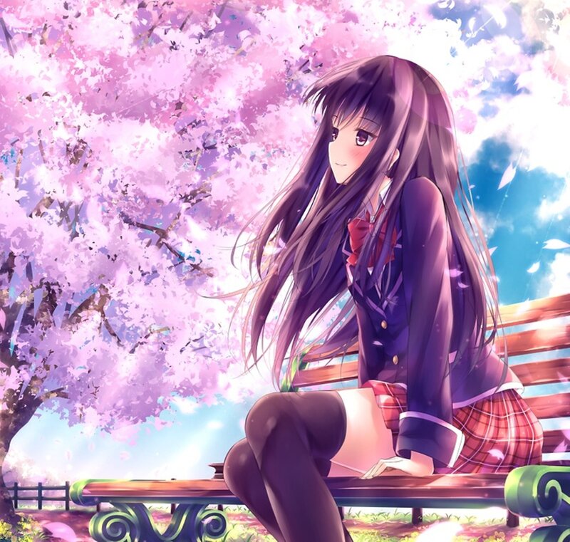 Anime Girl on Bench — Pink, Serene, Spring